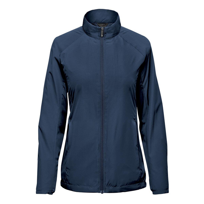A navy full zip jacket for women featuring a stand-up collar and a logo on the front.