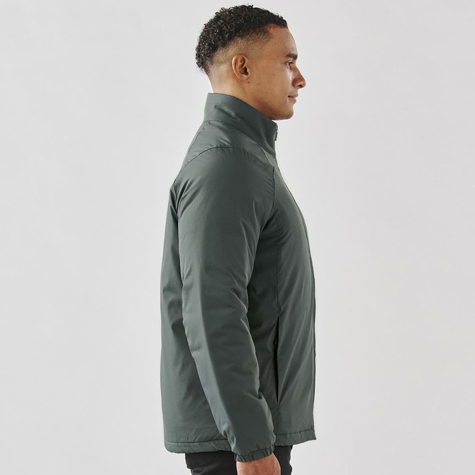A men's thermal jacket in dark green, featuring a high collar and a sleek, fitted design. It has a logo on it.