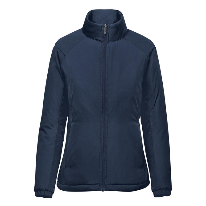 A women's thermal jacket in navy blue with a zip front and high collar. It features a logo on the chest.