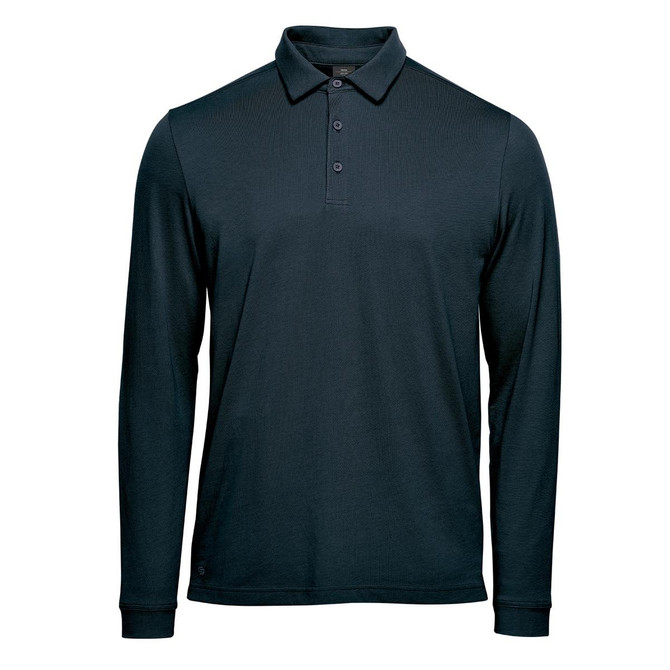 A long-sleeve polo in navy blue featuring a collar and three-button placket, with a logo on the hem.