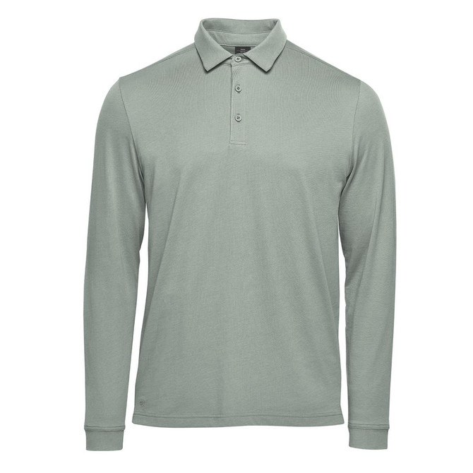 A long-sleeved, light green polo shirt with a collar and three buttons, featuring a logo on the chest.