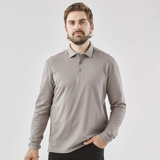 A long-sleeved grey men's polo shirt with a collar and buttons, featuring a logo.