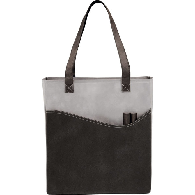 A grey non-woven tote bag with dark grey accents and a front pocket for holding items. Features a logo.