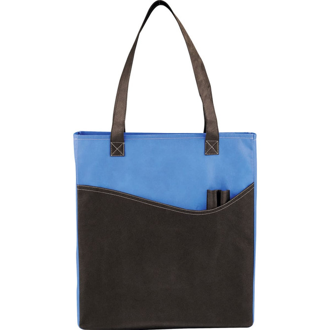 A blue and black non-woven tote bag with shoulder straps and side pockets for pens. It features a logo.