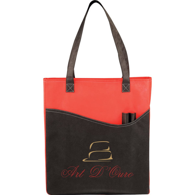 A red and black non-woven tote bag with a logo and two pens in the pocket.