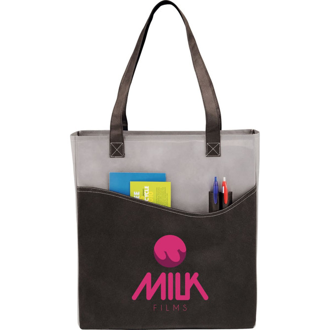 A black non-woven tote bag with a curved design, featuring a pocket and a logo. Ideal for carrying small items.