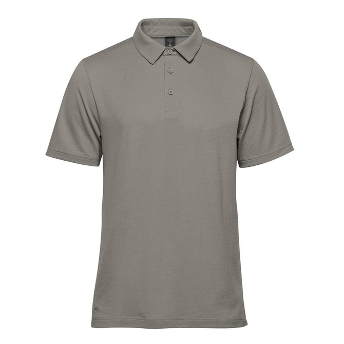 A men's short-sleeve polo in grey, featuring a classic collar and three-button placket. It has a logo on the chest.