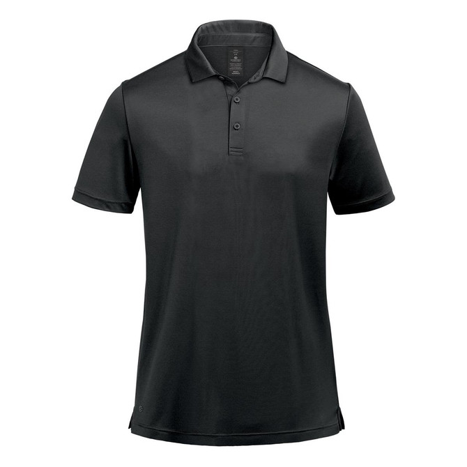 A black men's polo shirt with a collar and short sleeves, featuring a logo.