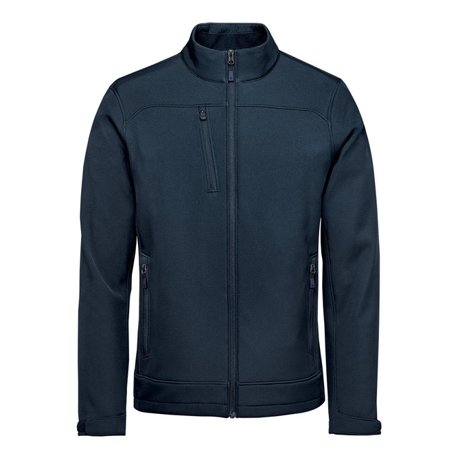 A navy blue softshell jacket featuring a high collar and zipped pockets, with a logo on the chest.