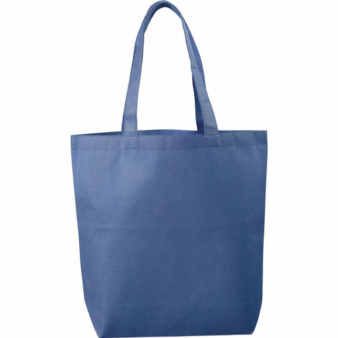 A blue non-woven tote bag with two handles, featuring a logo. Ideal for various carrying needs.