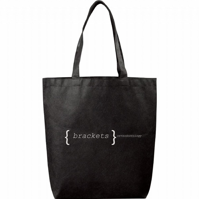 A black non-woven tote bag featuring a logo on the front. It has two sturdy shoulder straps.