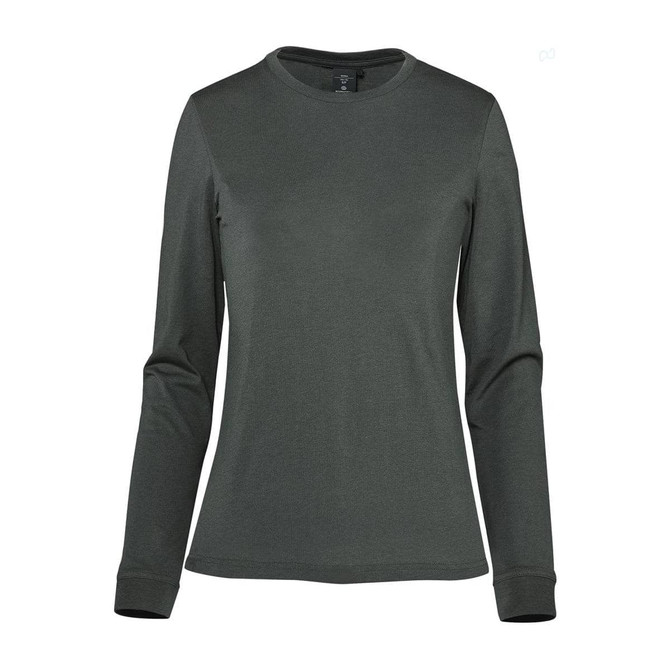 A women's long sleeve tee in dark green, featuring a simple design and a logo.