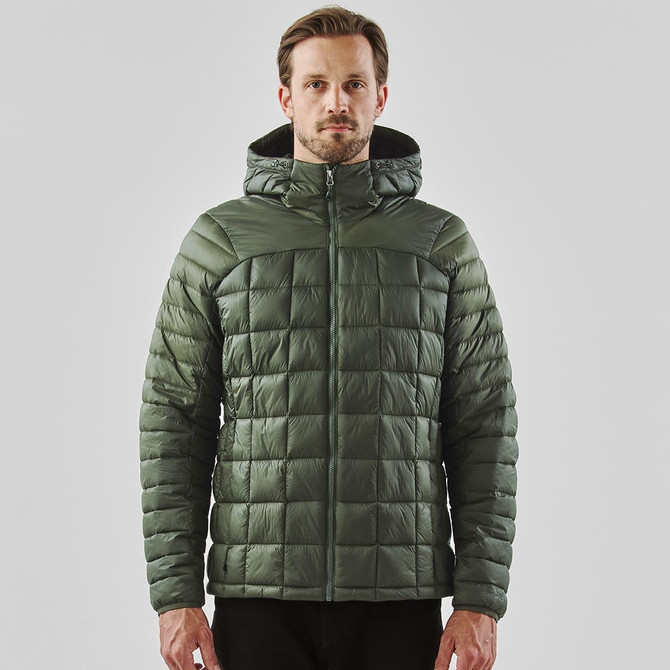 A green puffer jacket with a hood, featuring a quilted design and a front zip. Includes a logo.