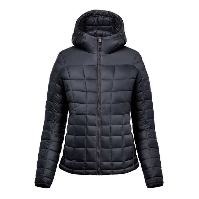 A women's puffer jacket in black, featuring a quilted design and a hood, with a front zipper and long sleeves.