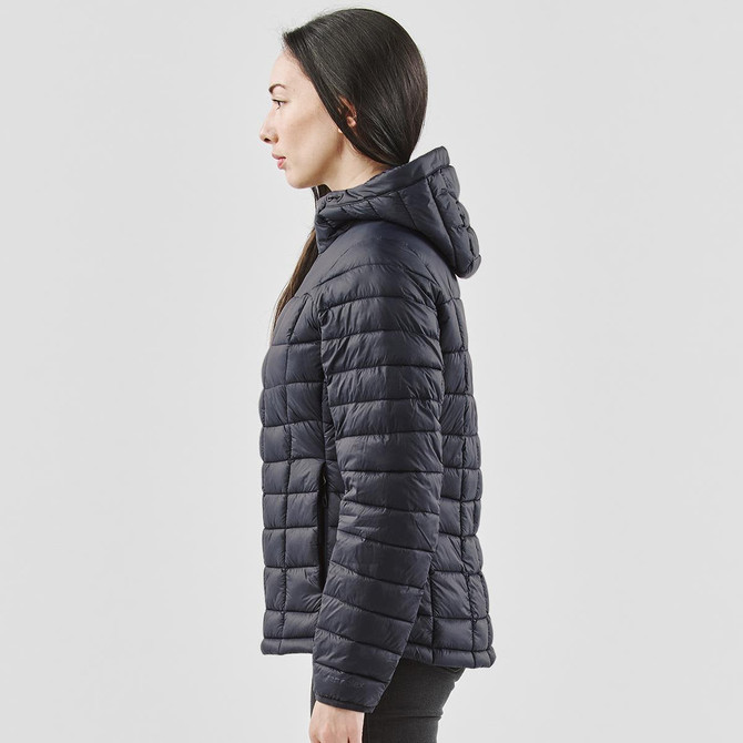 A side view of a women's puffer jacket in navy blue, featuring a hood and horizontal quilted design.