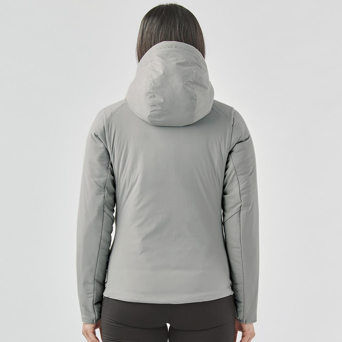 A women's grey puffer jacket with a hood, featuring a fitted design and visible stitching details on the back.