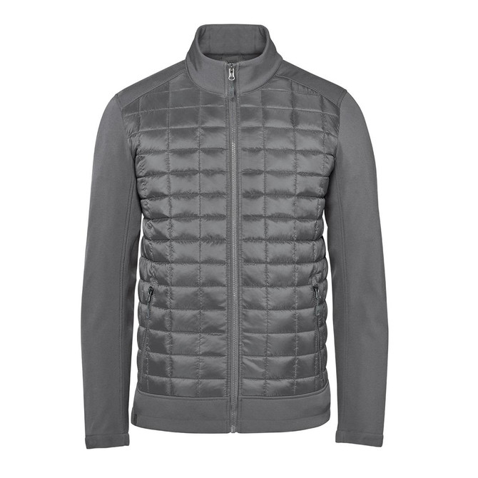A grey men's thermal softshell jacket featuring a quilted front and smooth sleeves, with a zip closure and a collar.