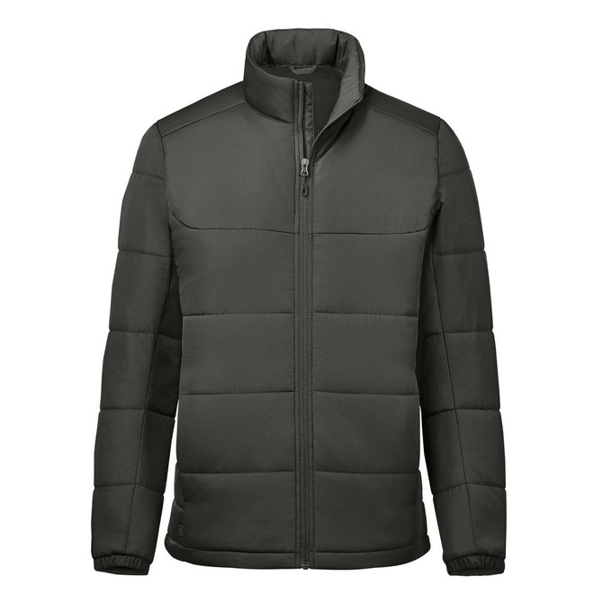 A dark grey puffer jacket with a high collar and zip front, featuring a logo on the side.