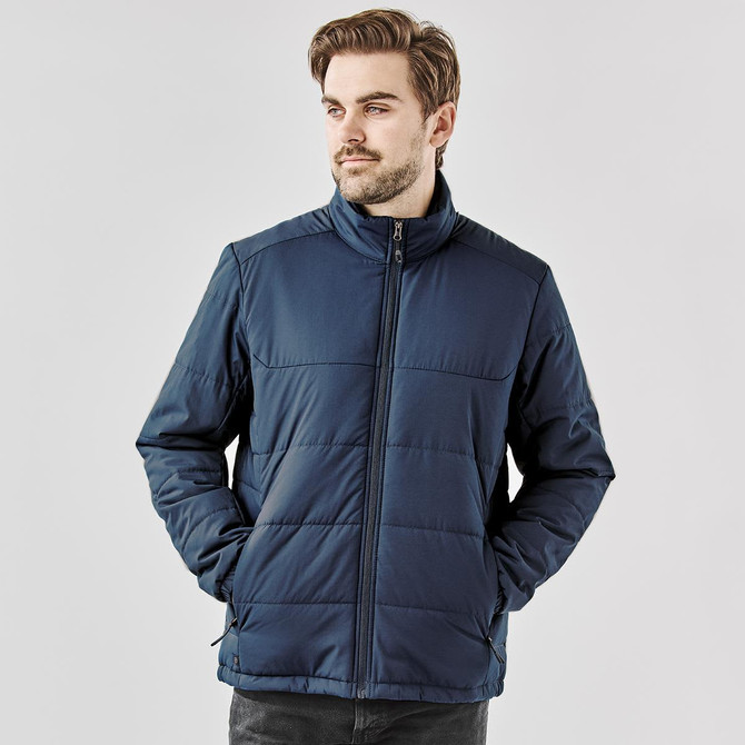 A men's navy blue thermal jacket with a zip front and stand-up collar, featuring a logo.