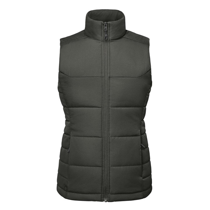 A women's thermal vest in dark green, featuring a zip-up front and a high collar design. It has a logo on it.