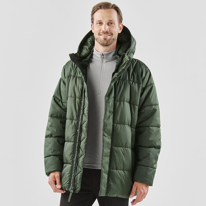 A men's puffer jacket in dark green, featuring a hood and a zippered front, displayed on a model.