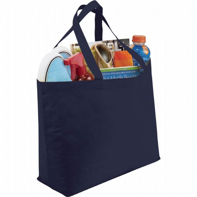 A navy non-woven tote bag filled with various items, including a drink bottle and cleaning supplies.
