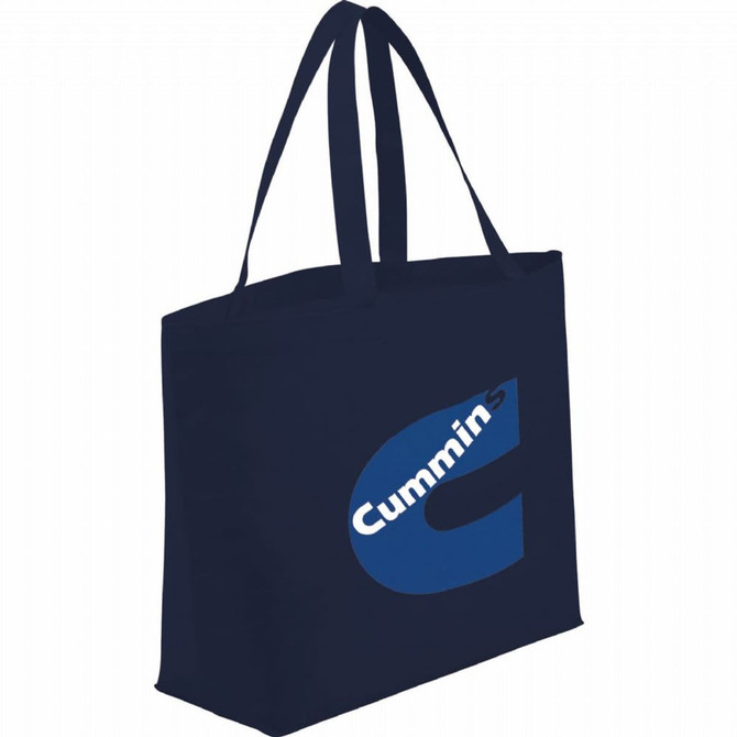 A navy non-woven shopper tote bag with two handles and a logo on the front.