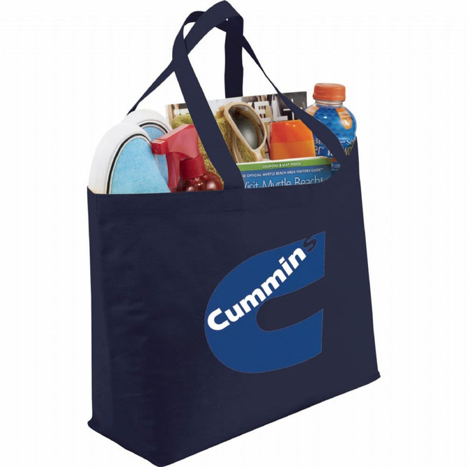 A navy tote bag filled with various items, including a drink bottle, cleaning supplies, and magazines, featuring a logo.