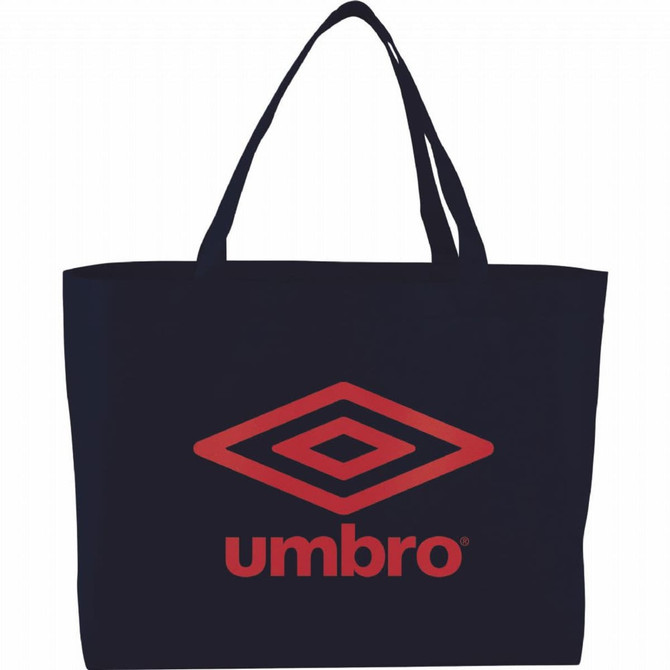 A navy tote bag with red branding and sturdy handles, featuring a logo. Suitable for shopping or carrying items.