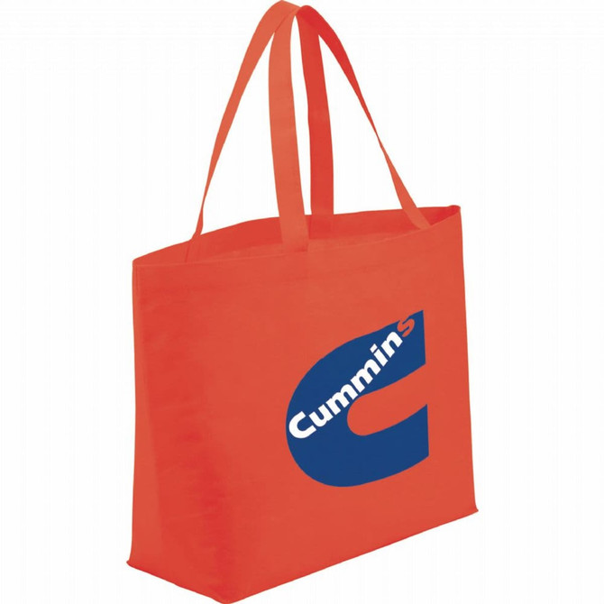 An orange non-woven tote bag with two handles and a logo on one side.