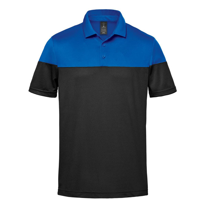 A men's polo shirt with a blue and black two-tone design, featuring a collar and buttons, along with a logo.