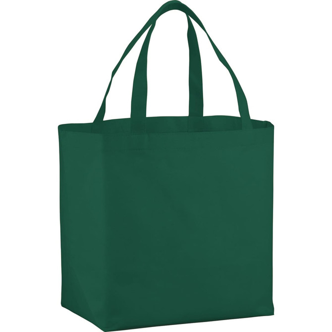 A green non-woven shopper tote with two sturdy handles and a simple design. It features a branding logo.