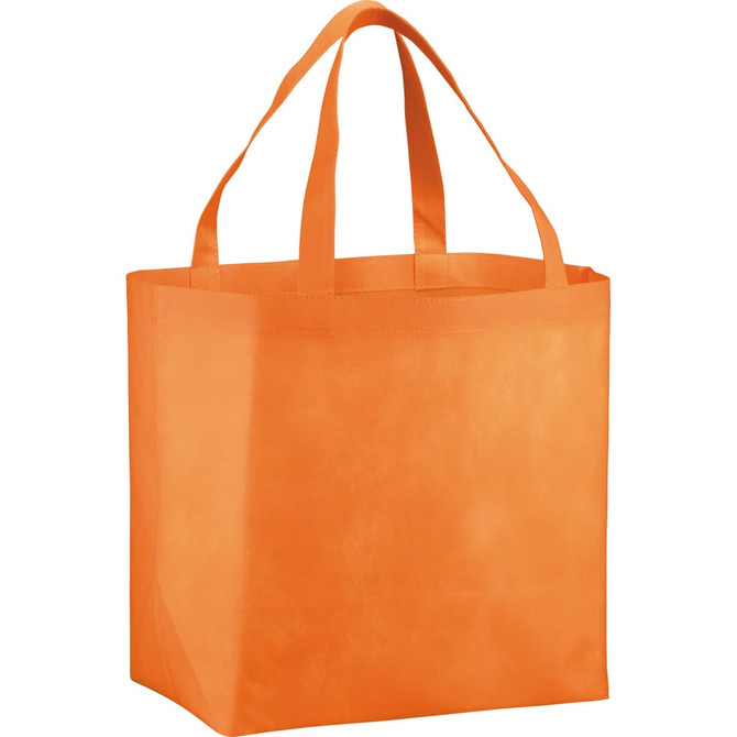 An orange non-woven tote bag with two handles and a square base. It includes a logo on the front.