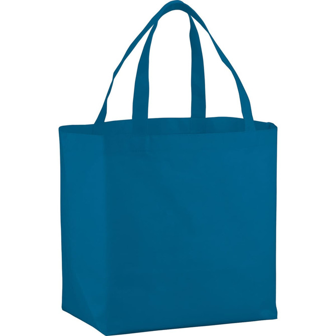 A teal tote bag with two handles and a spacious design, featuring a logo on one side.