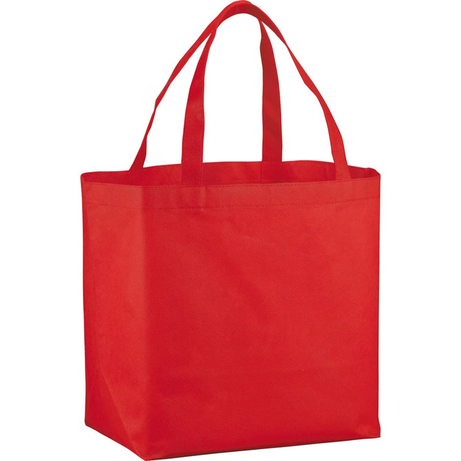 A red non-woven shopper tote bag with two handles, featuring a simple design and a logo.
