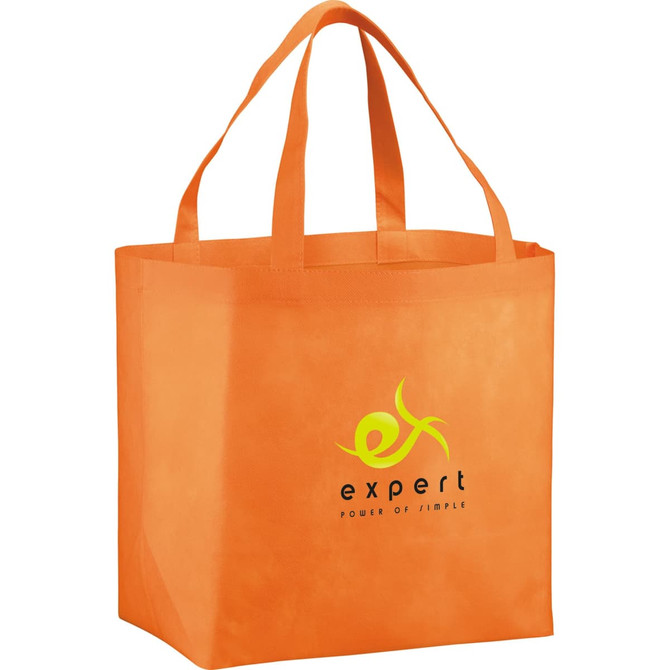 An orange non-woven tote bag with sturdy handles and a logo on the front.