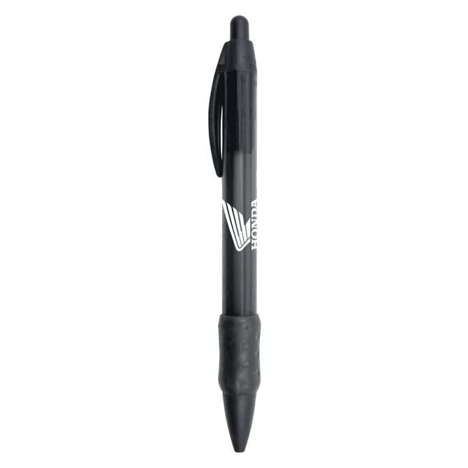 A black plastic pen with a textured grip and a logo on the barrel.
