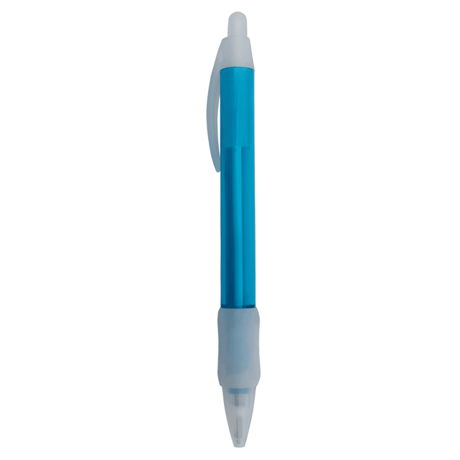 A blue plastic pen with a clear grip, featuring a click mechanism and an included logo.