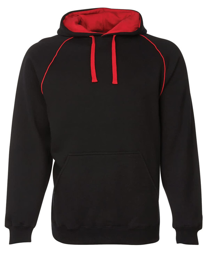 A black hoodie with contrasting red detailing on the hood and drawstrings, featuring a front pocket and a logo.