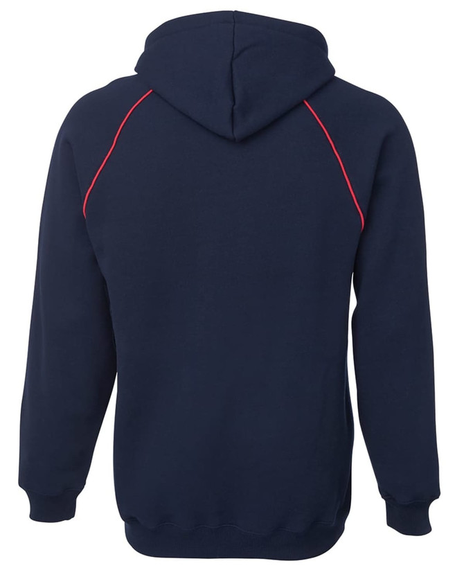 A navy fleece hoodie featuring red contrast stitching and a hood, with a logo on the back.