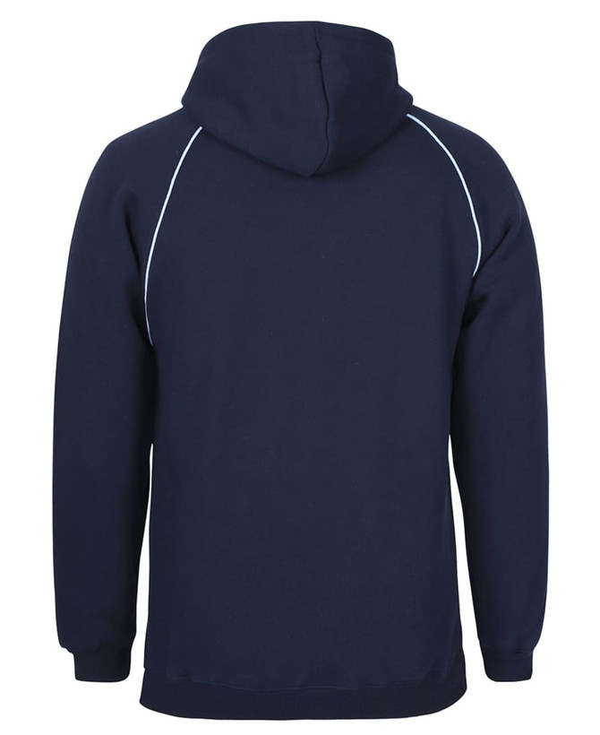 A navy hoodie with a contrasting piped design, featuring a kangaroo pocket and a hood, has a subtle logo.