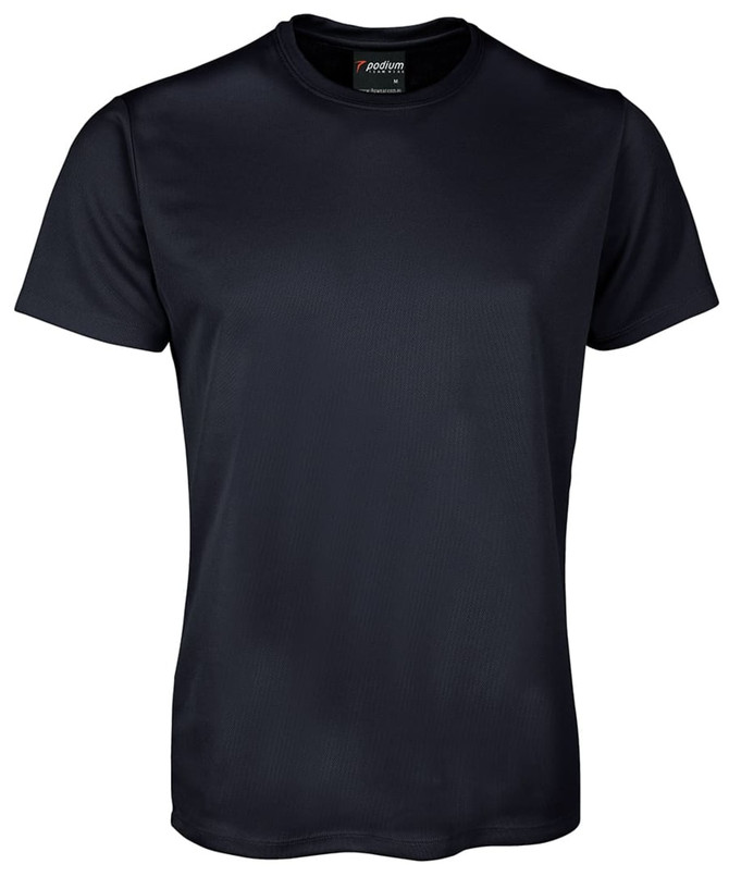 A black T-shirt with short sleeves and a smooth finish, featuring a logo on the collar.