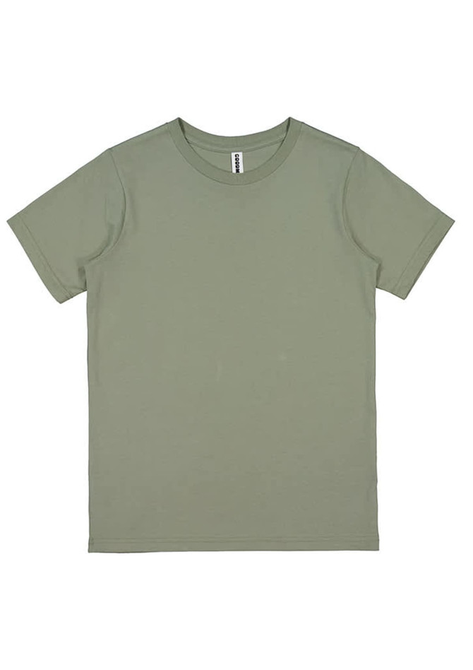A short sleeve tee in olive green with a simple design and a label. It has a standard fit and no patterns.