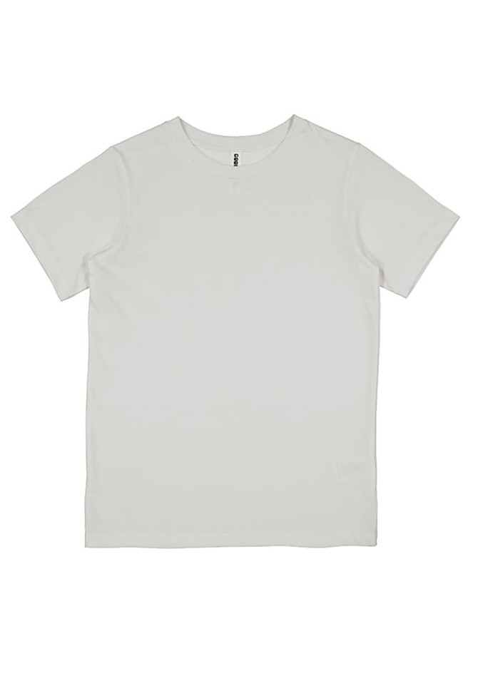 A plain white short-sleeve T-shirt featuring a tag and a simple design. It has no visible logos.