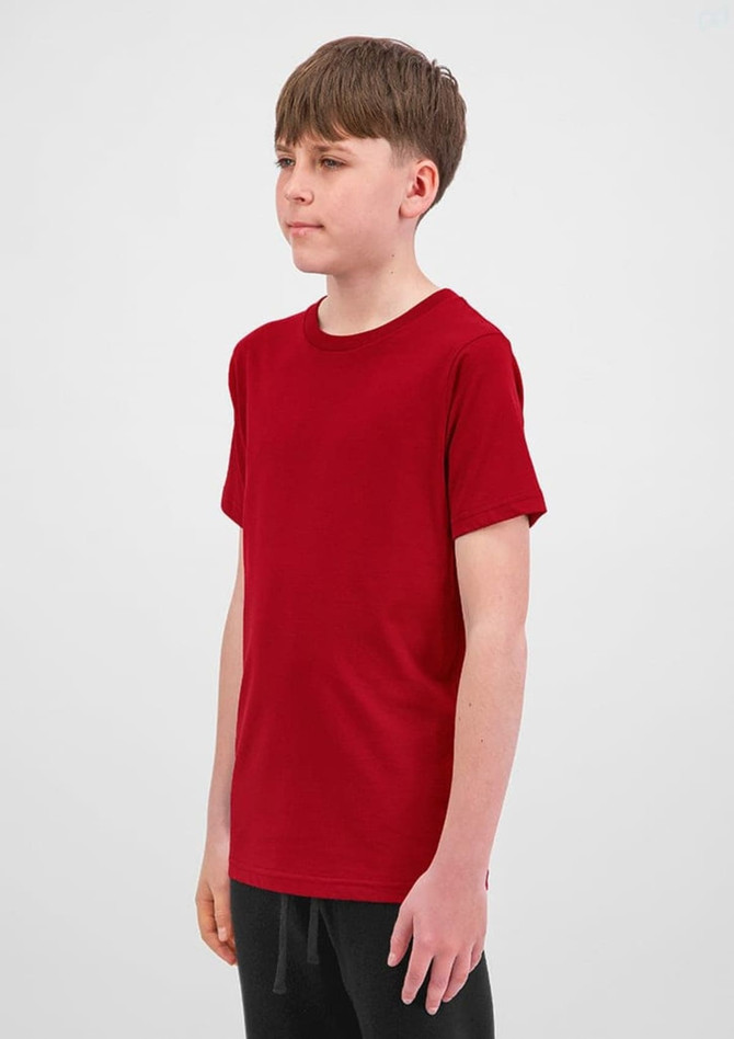 A youth short sleeve tee in red, featuring a simple design and a logo on the front.