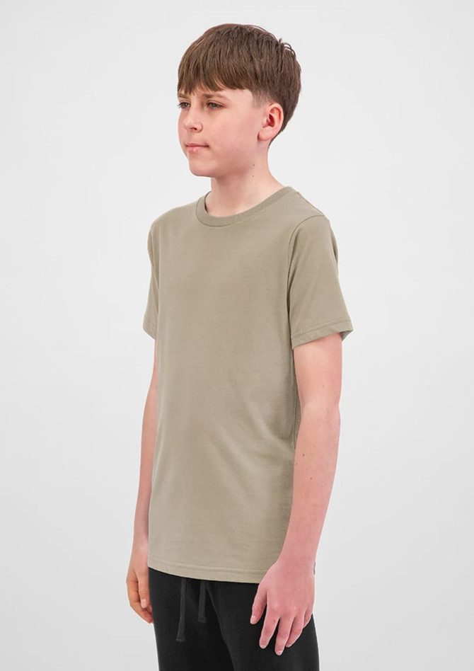 A youth short sleeve tee in a khaki colour, featuring a simple design and a logo.