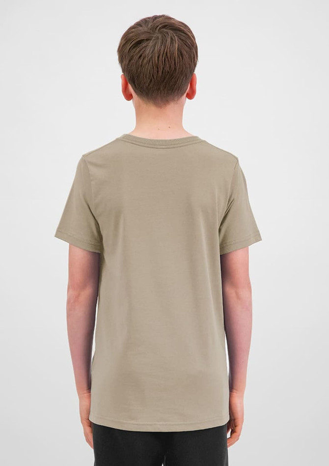 A short sleeve tee in a light khaki colour, viewed from the back, with a simple design and no visible branding.