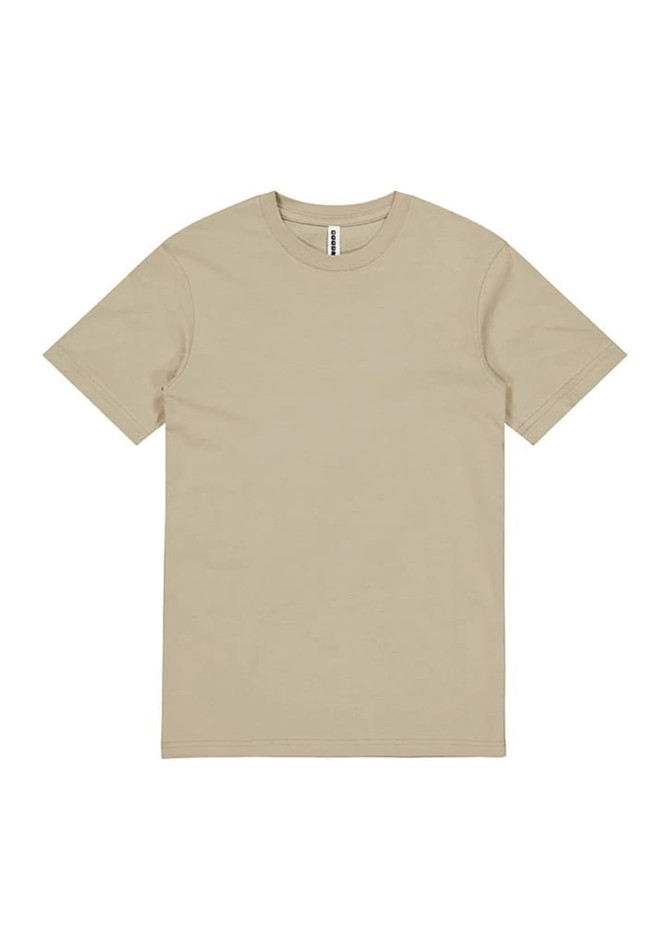A beige short sleeve t-shirt with a round neckline and a label inside the collar. It features a logo.