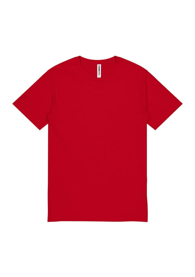 A red short sleeve t-shirt with a plain design and a logo label on the collar.