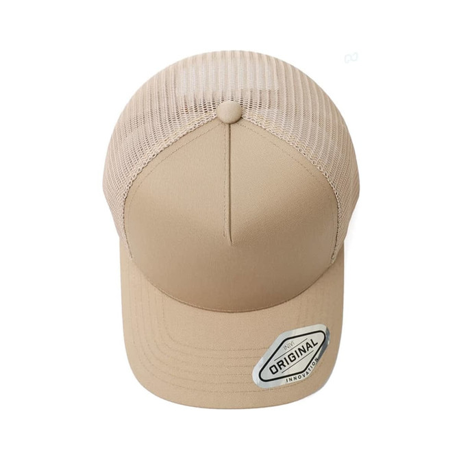 A beige A-Frame seamless mesh cap featuring a curved peak and a logo on the side. The back has a mesh design.